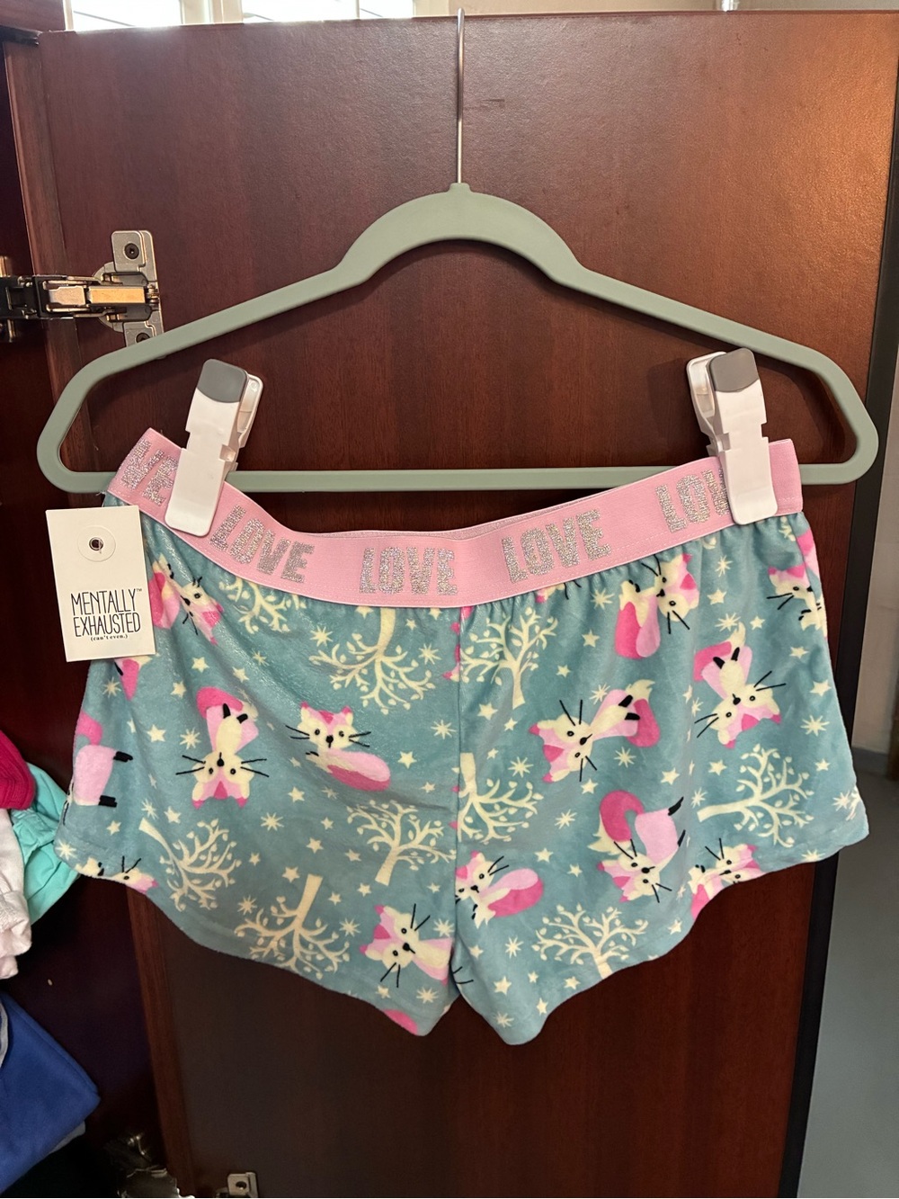 Pink & Teal Fox Print Women’s Lounge Shorts - LOVE Waistband Size Large